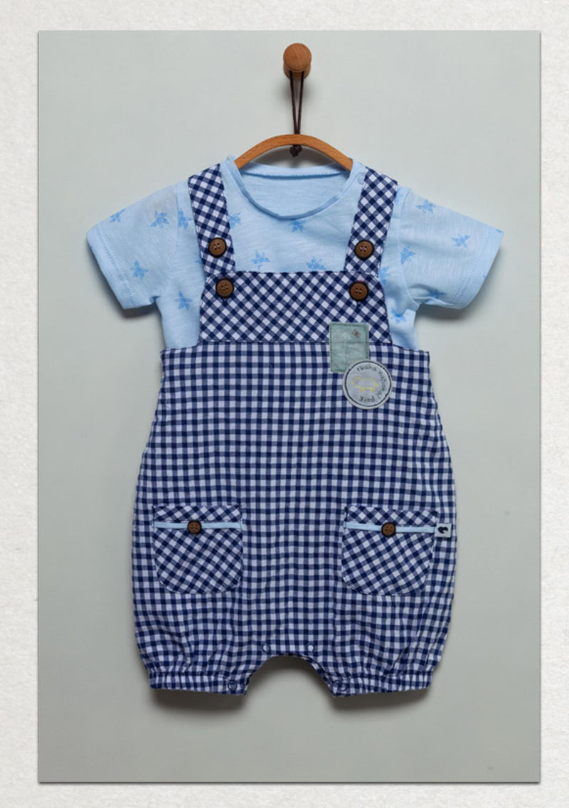 Salopeta scurta bebe, Caramell, cu tricou albastru, SLE6067 - 4Kids Romania